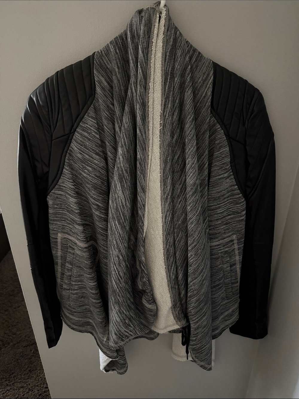 Blank NYC Women’s Gray Open-Front Draped Jacket with Quilted Leather Sleeves